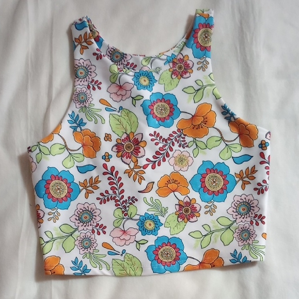 Floral Crop Tank Top - White with Blue & Orange Print